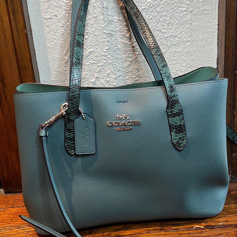 Coach Avenue Carryall in dark turquoise with snake skin trim